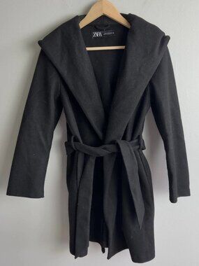Zara Black Belted Wrap Coat with Hood Size XS Waist Tie Soft Fall Winter Women’s